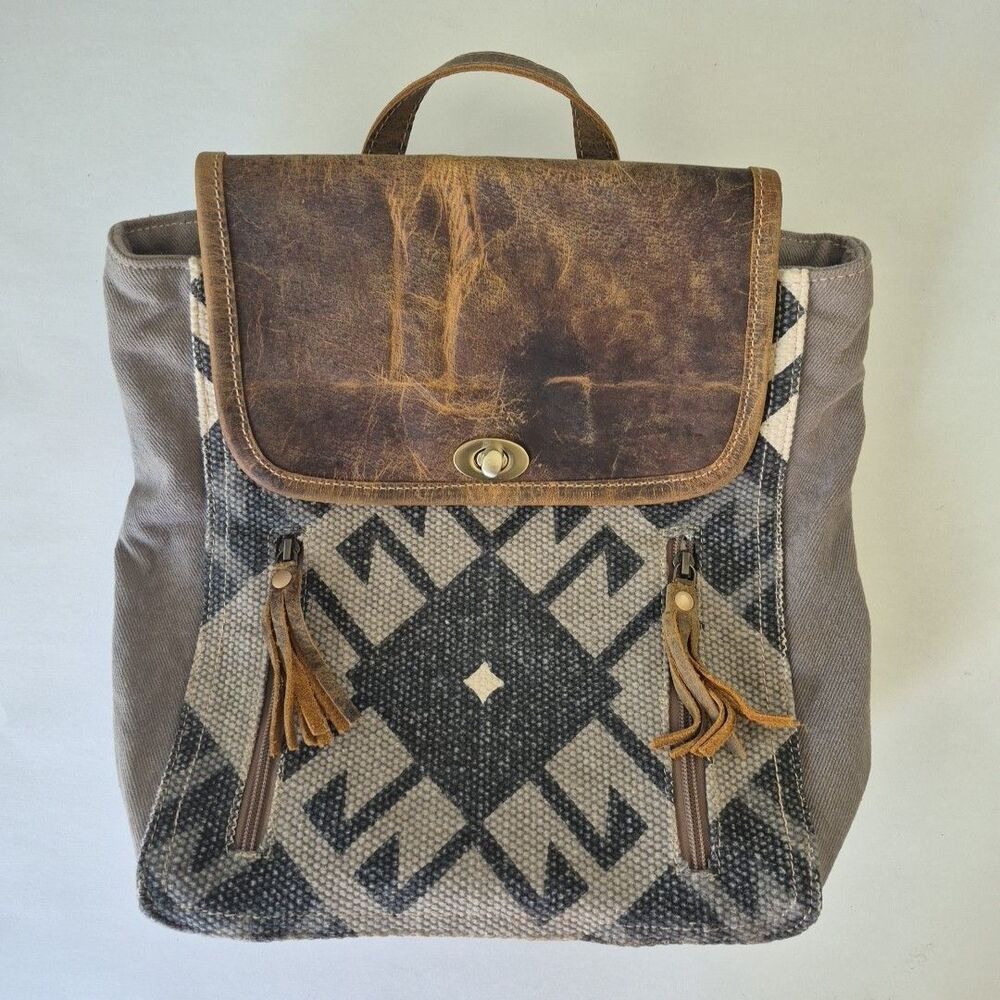 Myra Bag Upcycled Canvas Leather Felicity Boho Geometric Tassels Backpack